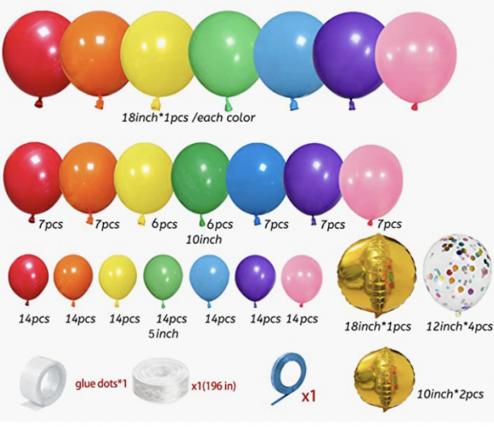 balloon garland example index with sizes and quantity of each color