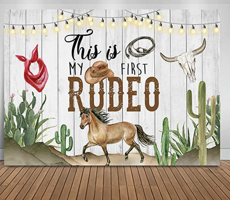 Decorative banner that says "this is my first rodeo".