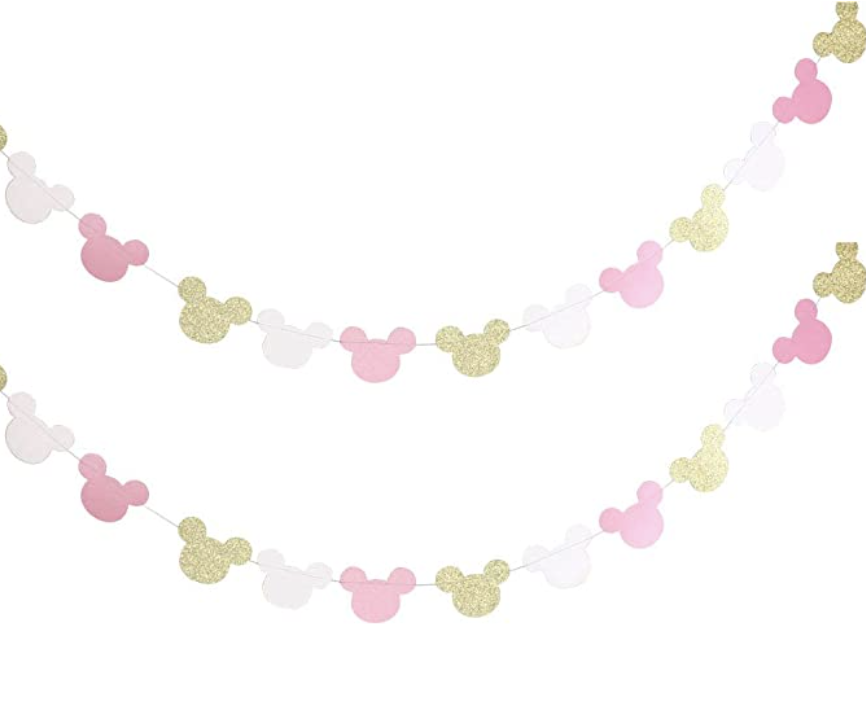 Minnie mouse head garland pink, white, and gold glitter