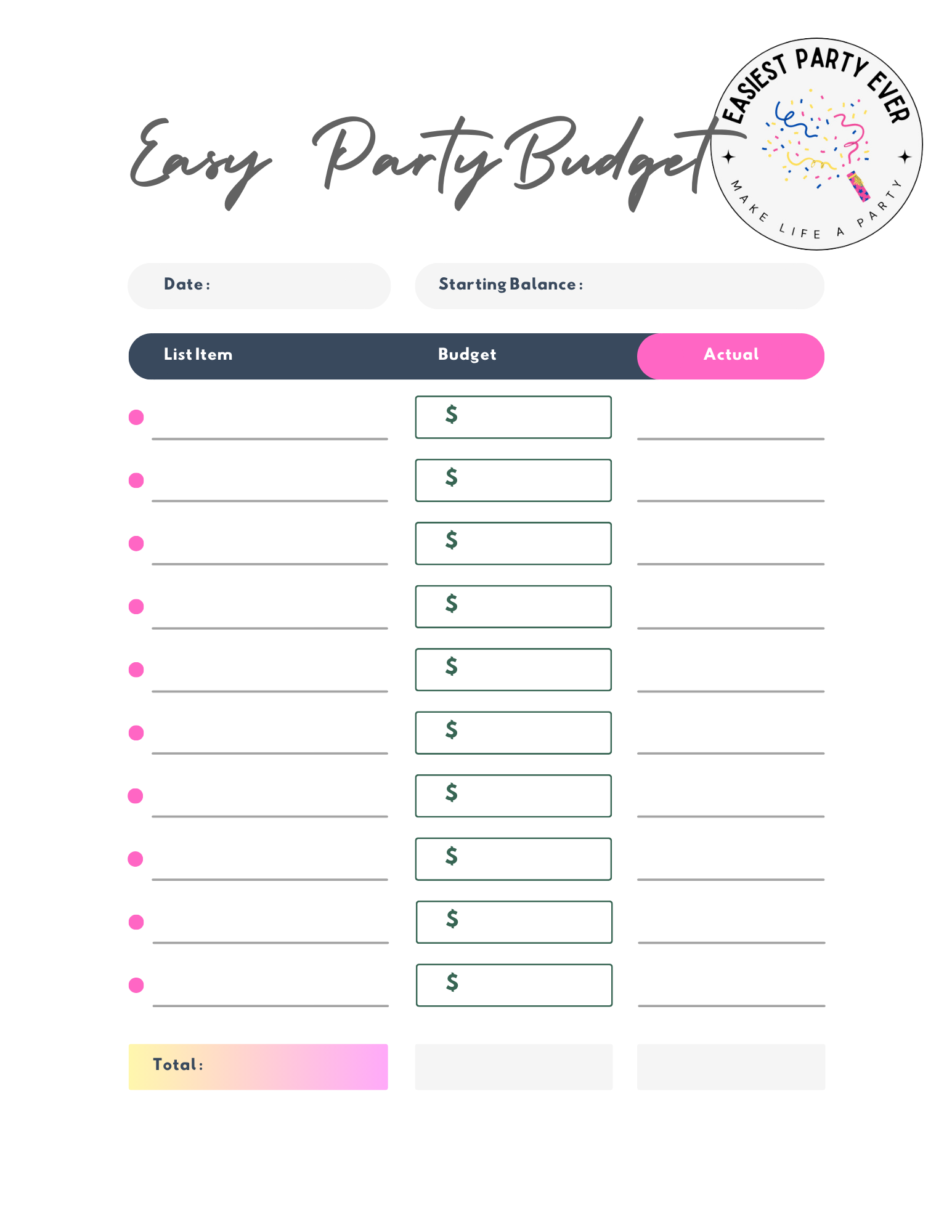 Easy Party Budget: free printable